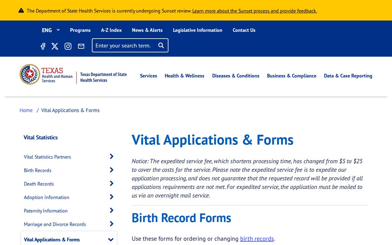 Friendswood residents directory Texas DSHS vital-record application forms