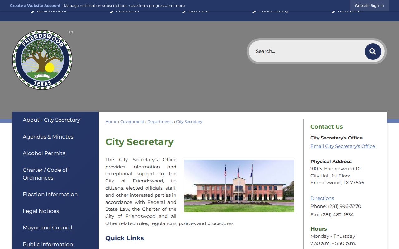 Friendswood residents directory City Secretary public-records custodian
