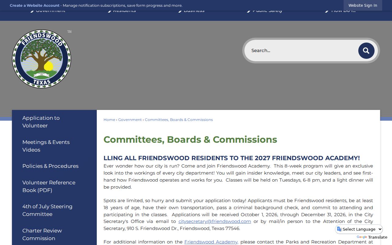 Friendswood neighbors image of city boards and commissions records