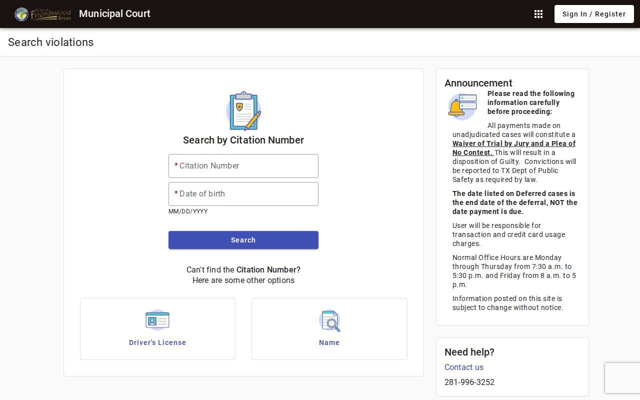 Friendswood resident lookup Municipal Court search modes