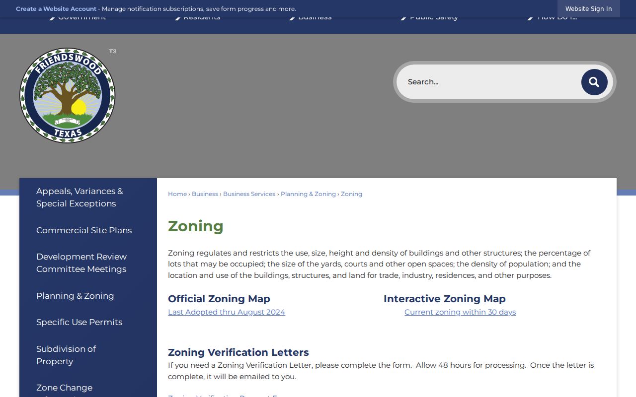 Friendswood street directory zoning map and interactive-map route